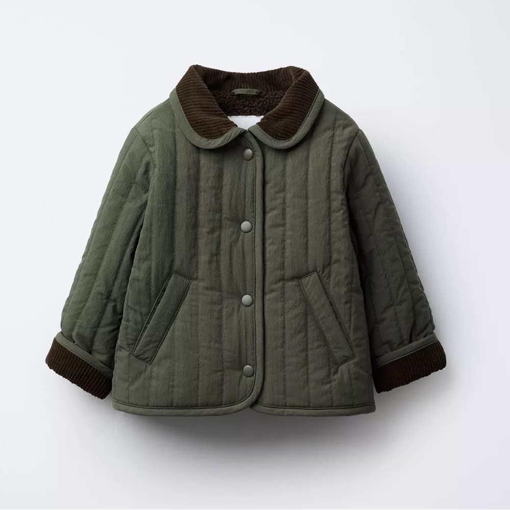 Zara Corduroy Collar Puffer Jacket - Khaki Size 9-12 months NWT